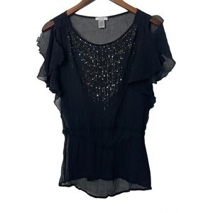 Cache Black Sheer Flutter Sleeve Top with Front Sequins